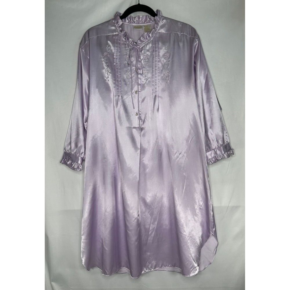 Intimate Moods Lavender Satin Nightgown Floral Embroidered Ruffle Sleepwear 2X